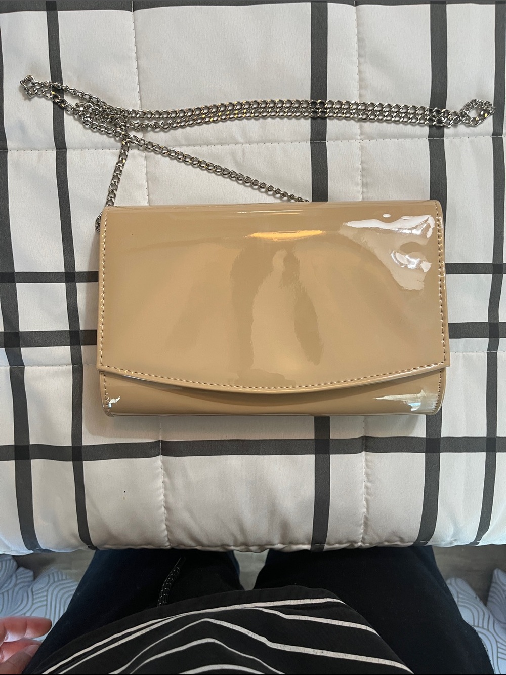 Patent Finish Beige Crossbody Bag with Silver Chain Strap
